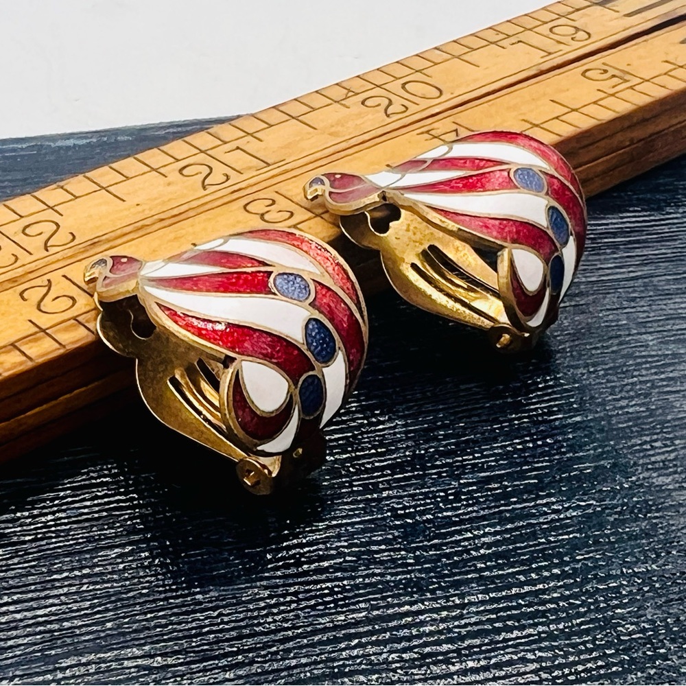 Vintage cloisonné clip on earrings red white purple new old stock 1990s